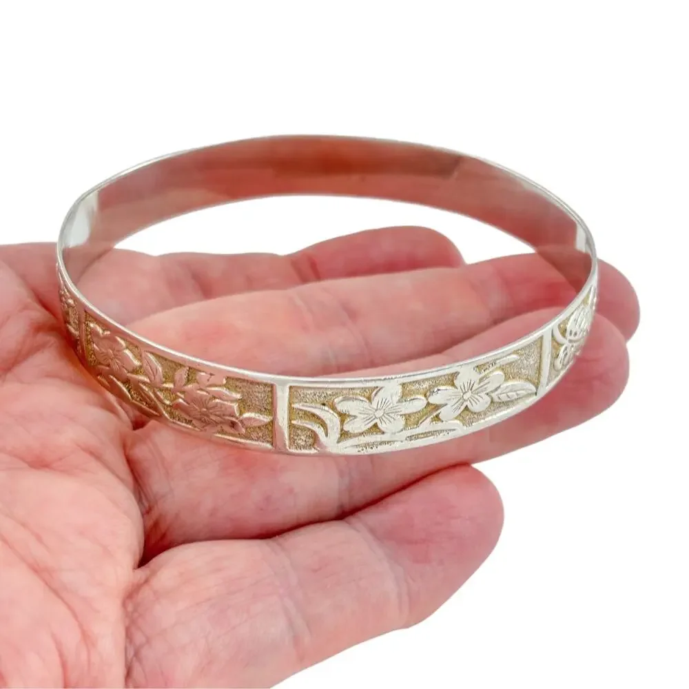 Vintage Sterling Silver 925 Floral Bangle Bracelet 9